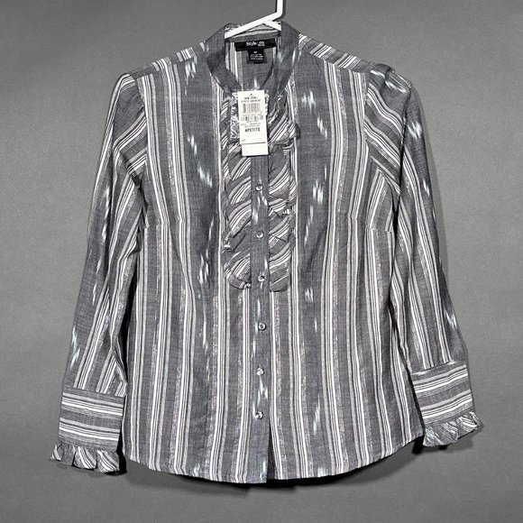 Style & Co Petite Gray Button Down Ruffle Bling Metallic Thread Stripes Size 4P - Picture 2 of 16